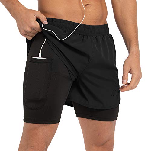 Gesean Mens Running Shorts，Workout Running Shorts for Men，2-in-1 Shorts，5-Inch Gym Outdoor Sports Shorts Black Medium