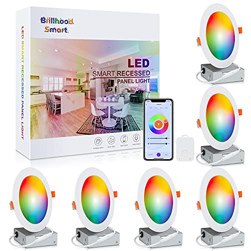 Brillihood 6 Inch Color Changing Slim LED Recessed Light, Smart Retrofit Downlights with Junction Box & Hub, ETL-Listed, 12W, 1100LM, Dimmable, 2700K-6500K, Works with Alexa & Google Assistant, 6-Pack