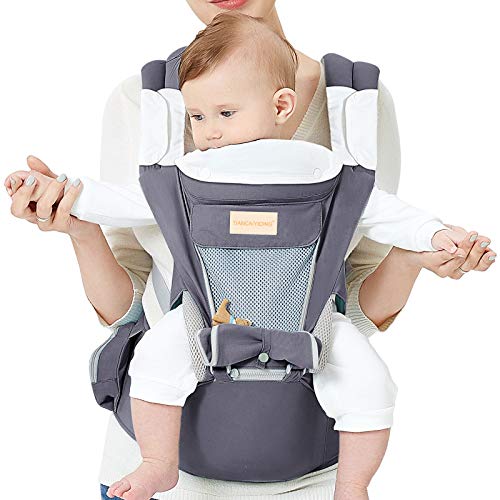 Baby Wrap Carrier with Hip Seat, Windproof Cap, Bite Towel as Well as 6 and 1 Convertible Backpack, Cotton Sling for Infants, Babies and Toddlers – Dark Grey