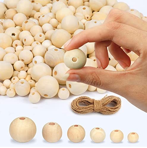 Innovative Offer 510 Pcs Wooden Beads with Jute Twine, 6 Sizes Unfinished Wood Beads for Crafts – 8mm, 10mm, 12 mm, 14 mm,16mm, 20mm Beads for Jewelry Making, Garland, Home/Farmhouse Decor and DIY………