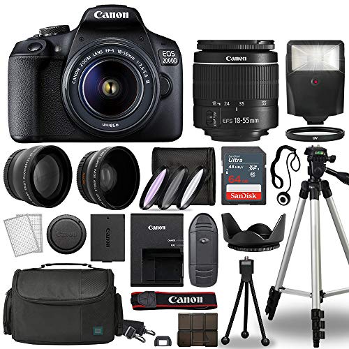 Canon Cameras EOS 2000D / Rebel T7 Digital SLR Camera Body w/Canon EF-S 18-55mm f/3.5-5.6 Lens 3 Lens DSLR Kit Bundled with Complete Accessory Bundle + 64GB + Flash + Case & More – International Model