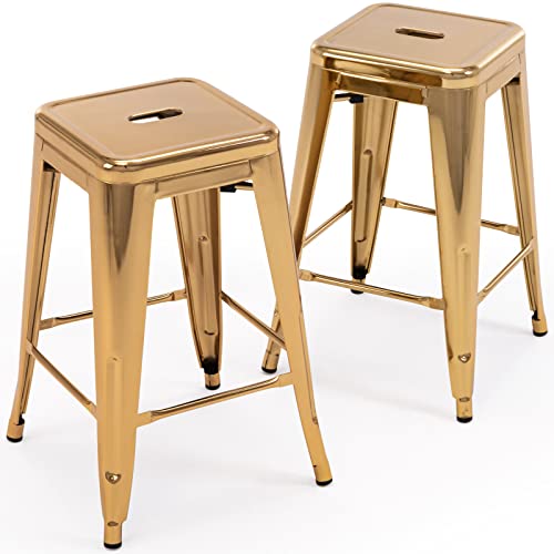 Vogue Furniture Direct 24 inches Barstools Backless Metal Barstool Indoor-Oudoor Counter Height Stool with Square Seat (2, Gold)