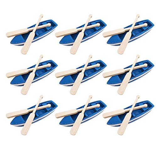 BESPORTBLE 6 Sets Miniature Rowboat Mini Blue Wood Boat with Oars Canoe Model Figurines Fairy Garden Miniatures Nautical Home Decorations ( Boat+2 Paddles )