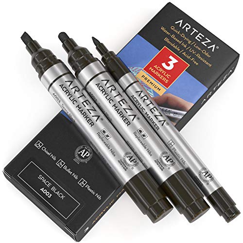 ARTEZA Acrylic Paint Markers, Pack of 3, A003 Space Black, 2 Thick (Chisel + Bullet Nib) and 1 Thin Black Acrylic Paint Pen, for Metal, Canvas, Rock, Ceramic Surfaces, Glass, Wood, and Fabric