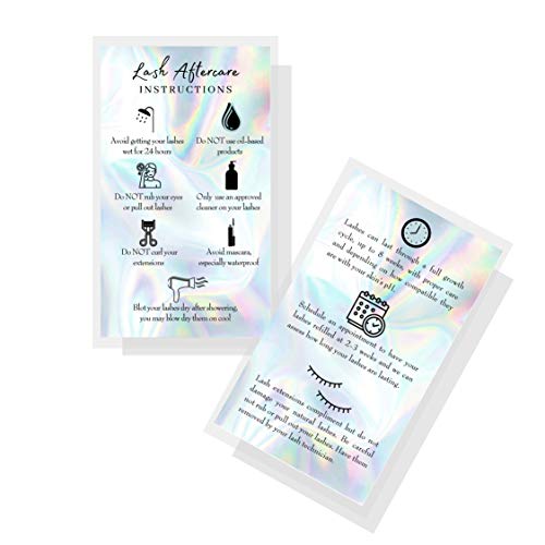 Lash Extension Aftercare Cards | 50 Pack | Business Card Size 3.5 x 2″ inches After Care (2-3 Week Fillers) | Non-Reflective Matte Rainbow Holographic Look Design