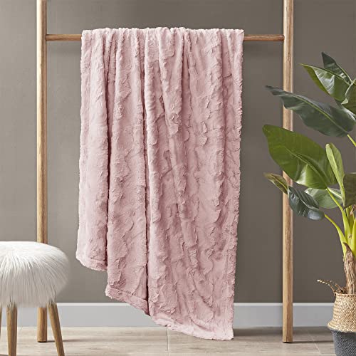 Madison Park Zuri Soft Plush Luxury Oversized Faux Fur Throw Animal Stripes Design, Faux Mink On The Reverse, Modern Cold Weather Blanket for Bed, Sofa Couch, 60×70, Blush