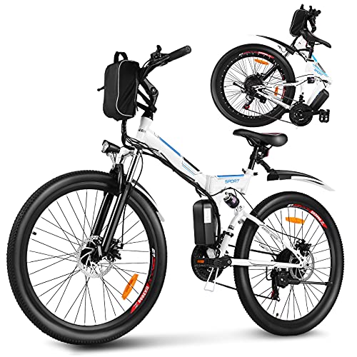 Aceshin 26” Folding Electric Mountain Bike 250W Electric Bicycle with Removable Large Capacity Lithium-Ion Battery, Professional 21 Speed Gears (White)