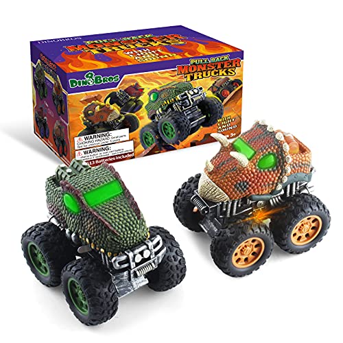 DINOBROS Dinosaur Toys for 3 4 5 6 7 Year Old Boys Pull Back Car Toy Dino Monster Truck with Light and Sound T-Rex and Triceratops 2 Pack