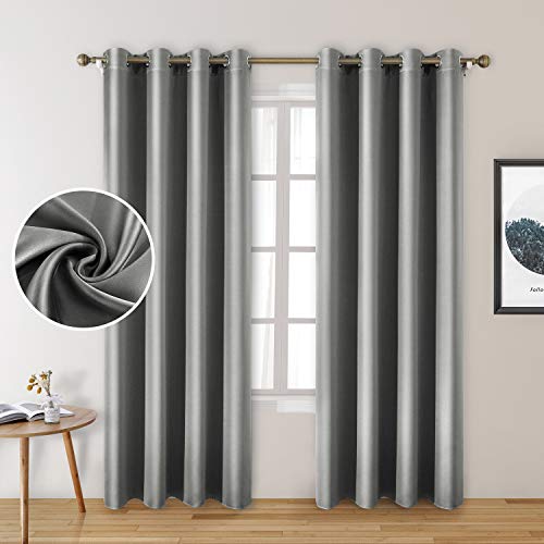 HOMEIDEAS 2 Panels Silver Grey Faux Silk Curtains Gray Blackout Curtains for Bedroom 52 X 96 Inch Room Darkening Satin Drapes/Curtains, Thermal Insulated Blackout Window Curtains for Living Room