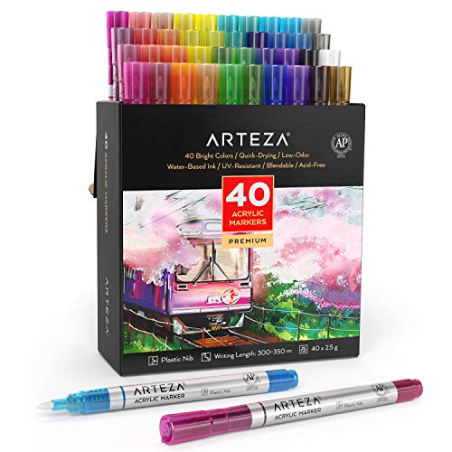 ARTEZA Acrylic Paint Markers, Set of 40 Acrylic Paint Pens in Assorted Colors, Small Barrel, Art & Craft Supplies, Use on Canvases for Painting, Glass, Pottery, Plastic, and Rock