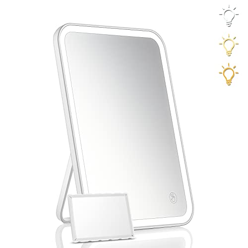 KOOKIN Lighted Vanity Makeup Mirror with Lights 3 Color Lighting Modes Rechargeable Touch Screen Adjustable Tabletop Wall Hanging Led Light Up Mirror with Mini 5X Hand Mirror