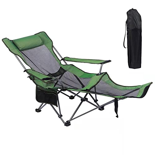 KEFOMOL Camping Lounge Chair, Portable Reclining Camping Chair, Folding Camping Chair with Footrest,Headrest & Storage Bag,Mesh Recliner with Backpack, 330lbs Weight Capacity (Green)