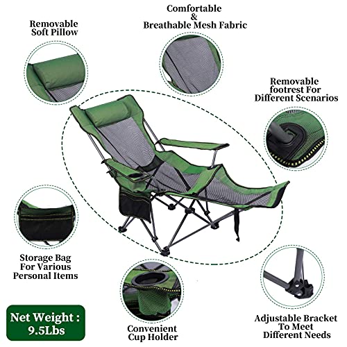 KEFOMOL Camping Lounge Chair, Portable Reclining Camping Chair, Folding Camping Chair with Footrest,Headrest & Storage Bag,Mesh Recliner with Backpack, 330lbs Weight Capacity (Green) | The Storepaperoomates Retail Market - Fast Affordable Shopping
