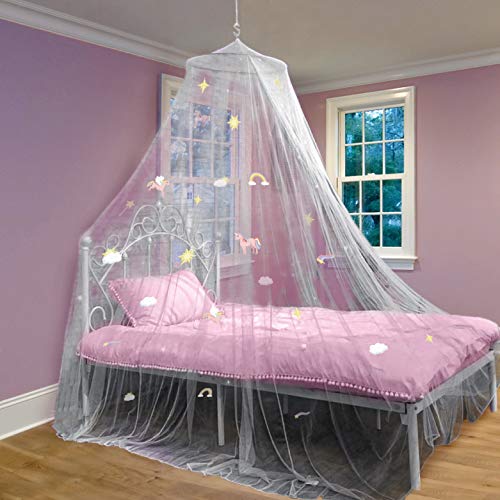 White Bed Canopy for Girl with Glow in The Dark Unicorns, Stars and Rainbows | Fits Single, Twin, Full, Queen Size Bed, Net Use to Cover The Baby Crib, Fire Retardant Fabric