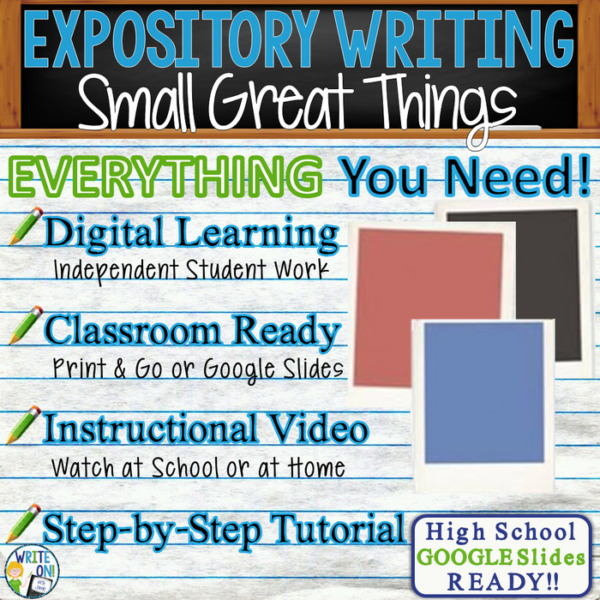 Text Analysis Expository Writing – Small Great Things Distance Learning, In Class, Independent Student Instruction, Instructional Video, PPT, Worksheets, Rubric, Graphic Organizer, Google Slides