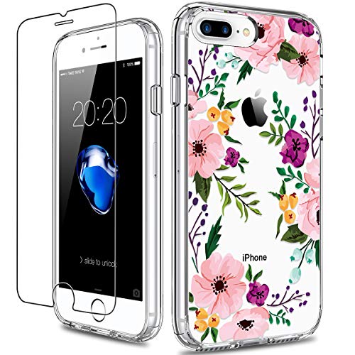 GiiKa iPhone 8 Plus Case, iPhone 7 Plus Case with Screen Protector, Clear Heavy Duty Protective Case Floral Girls Women Hard PC Case with TPU Bumper Cover Phone Case for iPhone 8 Plus, Small Flowers