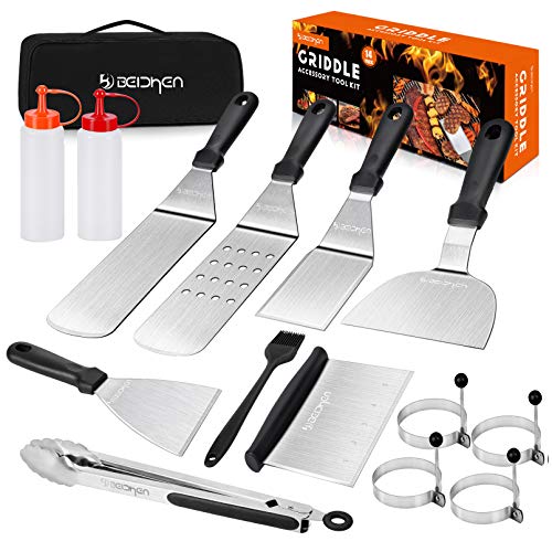 Beichen Griddle Accessories Kit, 14 Pcs Stainless Steel Griddle Grill Tools Set Blackstone and Camp Chef, Professional Grill Spatula Set for Men Women Outdoor BBQ and Camping