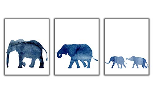 Elephant Family Wall Art Prints. Set of 3-11×14 UNFRAMED Dad, Mama & Baby Elephant Watercolor Decor for Nursery, Baby Girl or Boy Bedroom, Kid’s Bathroom or Playroom. Shades of Blue on White.