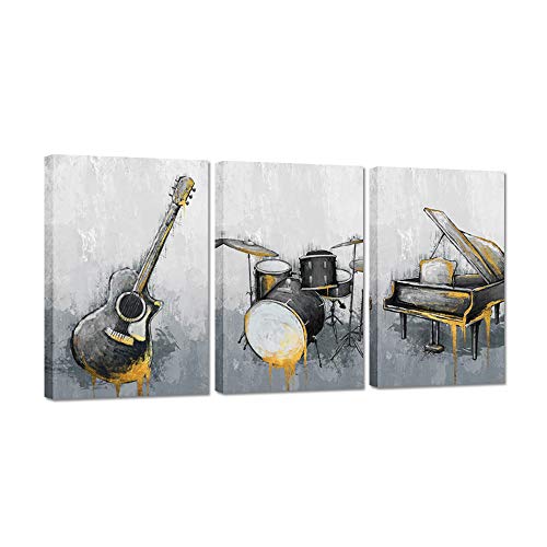 Zlove 3 Pieces Music Canvas Wall Art Abstract Guitar Piano Drum Set Yellow and Grey Vintage Artwork Gift for Music Lover Stretched and Framed for Bedroom Living Room Decor 16x24inchx3pcs