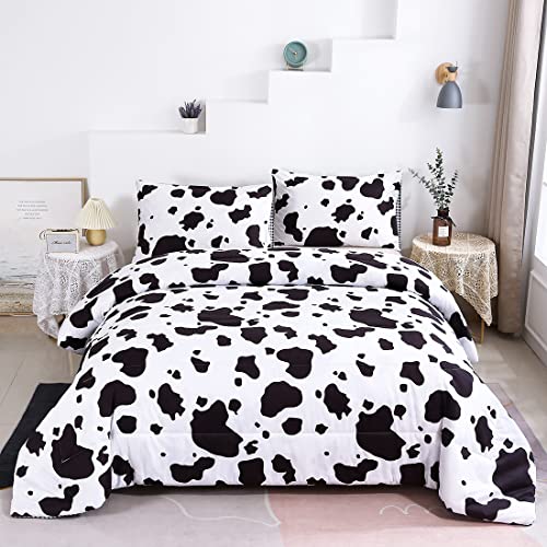 WINLIFE Cow Print Bedding Comforter Set Black White Queen Ultra Soft Microfiber Cowhide Bedding Set for Teens Boys Girls Cute Animal Print Down Alternative (3 Piece, Queen: 90″*90″ comforter)