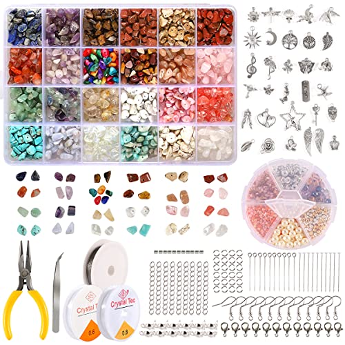 Crystal Beads for Jewelry Making, 2800PCS Natural Crystal Bead Gemstone Chip Beads for Earring Ring Making Kit with Spacer Beads Earring Hooks Pendants Charms Wire String for DIY Bracelets Beading Kit