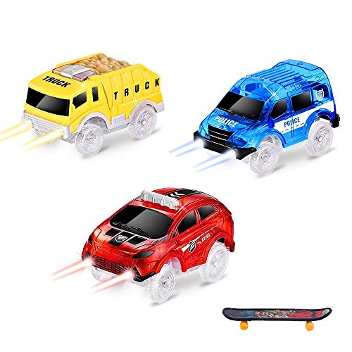 QUOXO 3 Pack Tracks Cars Replacement ONLY, Glow in The Dark with 5 Flashing LED Lights Tracks Cars only Replacement(Free Finger Skateboard)