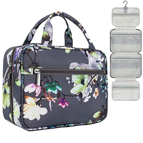 PAVILIA Hanging Toiletry Bag Women Men, Travel Toiletries Bag, Foldable Roll up Cosmetics Toiletry Bag Organizer for Makeup Accessories, Water Resistant Mesh Pocket (Grey Floral)