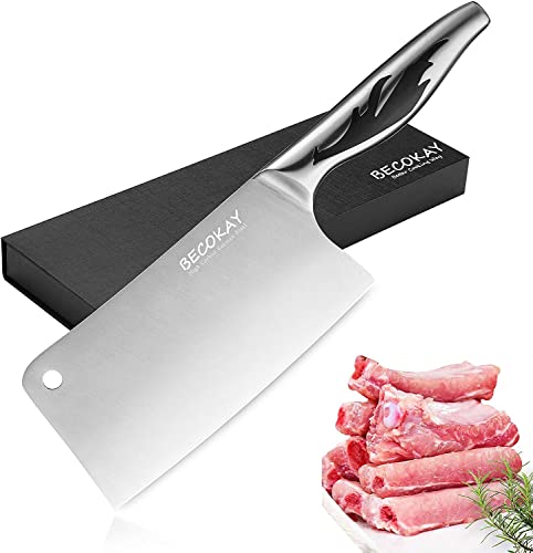 BECOKAY Meat Cleaver Knife, Professional 7 Inch Light Bone Chopping Butcher Knife with Heavy Duty Blade, German Stainless Steel Blade Chopper with Metal Handle, Chinese Chef Knife for Kitchen