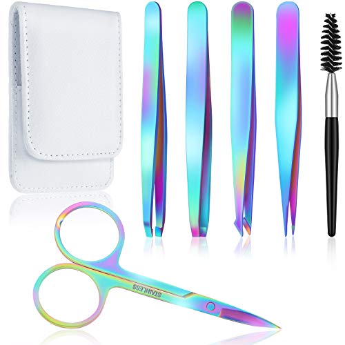 6 Pieces Eyebrow Tweezers Set with Curved Scissors, Eyelash Brush Stainless Steel Brow Remover Tools for Women and Girls, Hair Plucking Daily Beauty Tool with Storage Case (Rainbow Color)