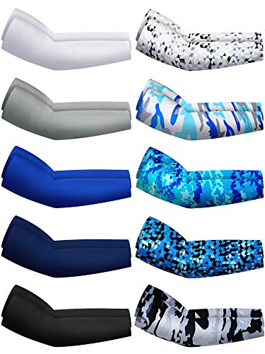 Hicarer womens 10 Pairs Sun Protection Arm Sleeves Cooling Sports Compression Athletic Basketball Running Cycling, Dark Color, Large