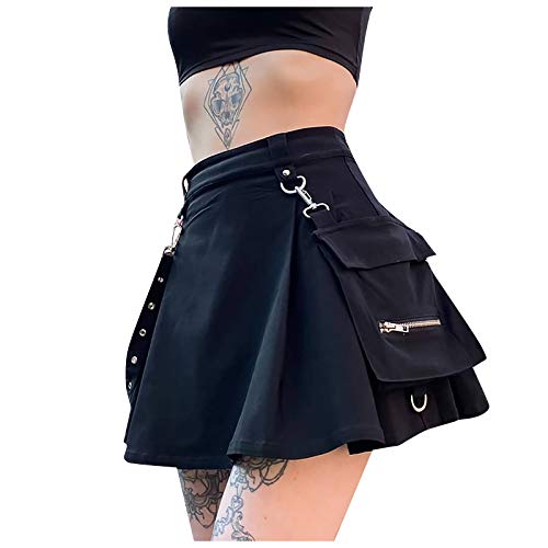 Gothic Skirts for Women Girls High Waist Hollow Iron Ring Zipper Dark Punk A-line Magic Pleated Mini Skirt Short Dresses Witchcraft Moon Spell Symbols