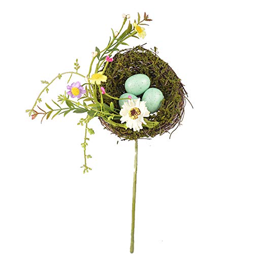 Develoo Easter Bird Nest Tabletop Ornament,Rattan Weaving Simulation Birds Nest with Speckled Eggs and Flowers for Spring Garden Decor Photo Props