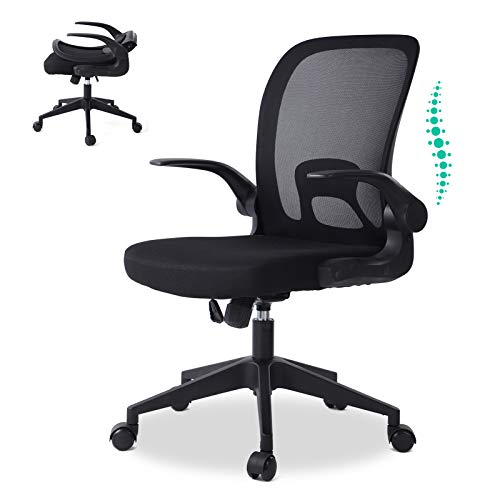 OBBOLLY Ergonomic Mid Back Office Chair – Home Office Desk Chair with Foldable Backrest and Flip-Up Arms, Breathable Mesh Executive Computer Task Chairs with Wheels and Adjustable Height (Black)