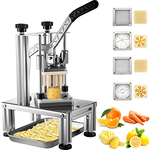 VEVOR Commercial French Fry Cutter with 4 Replacement Blades, 1/4″ and 3/8″ Blade Easy Dicer Chopper, 6-wedge Slicer and 6-wedge Apple Corer, Lemon Potato Cutter for French Fries with Extended Handle