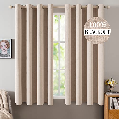 MIULEE Linen Textured Curtains for Bedroom Solid 100% Blackout Thermal Insulated Natural Beige Grommet Room Darkening Curtains & Drapes Luxury Decor for Living Room Nursery 52 x 45 Inch (2 Panels)