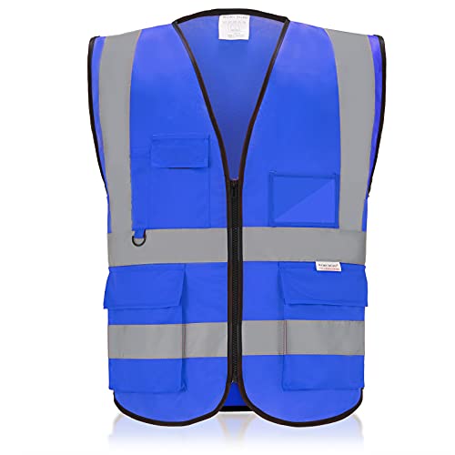 WORCBGIO Reflective Safety Vest with Pockets High Visibility Sliver Strip for Men and Women (Blue, X-Large)