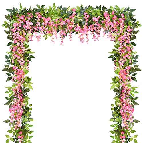 Artflower 4 Pcs Artificial Flowers Wisteria Garland Silk Wisteria Vine Rattan Hanging Flower Greenery Garland with Ivy Leaves for Home Garden Outdoor Wedding Arch Floral Decor, 6.6 Feet (Pink)