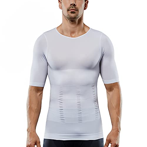 Men’s Compression Shirt Seamless Short Sleeve Tank Top Body Shaper Slimming T-Shirt Athletic Sports Running Shaperwear (White, L)