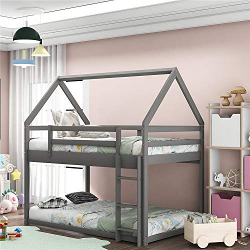 Low Bunk Beds Twin Over Twin Size, Wood House Bunk Bed Frame with Ladder, loor Bunk Bed for Kids, Teens, Girls, Boys (Gray Bunk Bed)