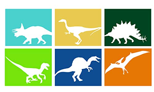Dinosaur Wall Art Prints. Set of 6-8×10 UNFRAMED Dino Decor for Nursery, Girl or Boy, Kids or Toddler Bedroom, Bathroom or Playroom. White Silhouettes on Blue, Turquoise, Gold, Orange & Green.