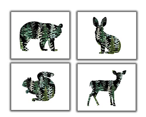 Woodland Animals Wall Art Prints. Set of 4-8×10 UNFRAMED Bear, Deer, Rabbit & Squirrel Decor for Nursery, Girl, Boy, Kids Bedroom, Bathroom. Green, Black & Grey Forest Tree Silhouettes on White.