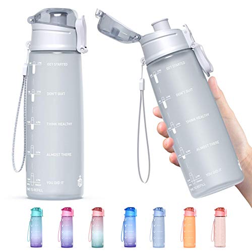 Y&3 32oz Motivational Fitness Sports Water Bottle With Time Marker, BPA Free Tritan Plastic, Leakproof Flip Top, For Gym, Outdoor, Office Work (Frosted Gray, 32oz)