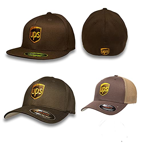 Brown United Parcel Service Embroidered Front & Back Fitted Flexfit Brown Baseball Cap Hat (Curved Brim, Yupoong Mesh Adjustable)