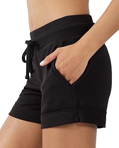 90 Degree By Reflex Soft and Comfy Activewear Lounge Shorts with Pockets and Drawstring for Women – Black – Small