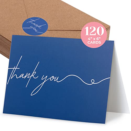 120 Thank You Notes with Envelopes Set for a Personal Touch – Blank Thank You Cards With Envelopes & Stickers – Navy Blue Personalized Bulk Thank You Cards Set – Classic, Professional & Simple – 4 x 6