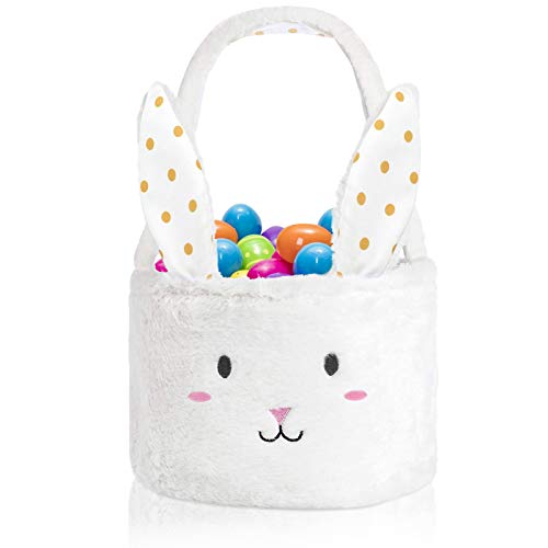 Evoio Easter Basket for Kids Toddler Girls Boys, Fluffy Bunny Bucket Bag with Handle Bunny Face and Foldable Ears Perfect for Easter Eggs Hunt Event, Easter Gifts Bunny Easter Eggs Basket Bags