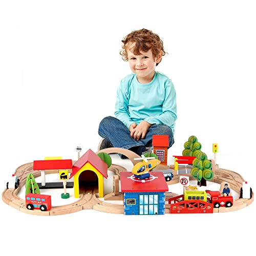 Qilay 69 PCS Wooden Train Set -Premium Wood Train Tracks & Trains Toys for Toddlers 3,4,5 Years Old, Expandable Train Toys Railway Kits for Girls Boys, Fit All Major Bands Train Tracks Set