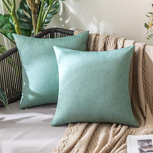 MIULEE Pack of 2 Outdoor Decorative Linen Farmhouse Throw Pillow Covers Solid Waterproof Garden Cushion Cases for Spring Patio Tent Balcony Couch Sofa 16×16 inch Teal