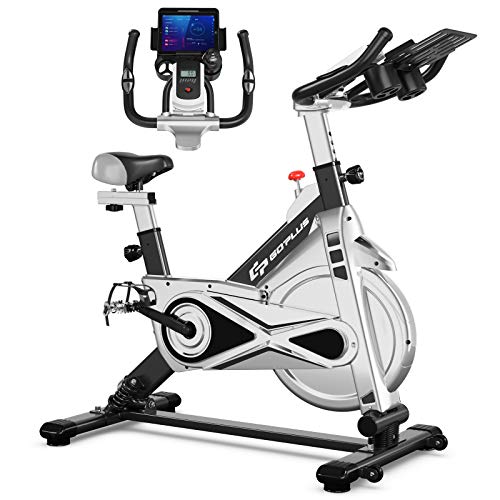 Goplus Adjustable Exercise Bike, Stationary Silent Belt Drive Bicycle, Dual-Spring Shock Absorption Design, Cup/Phone Holder and Electronic Display, Indoor Cycling Bike, 22 LBS Flywheel (Black)