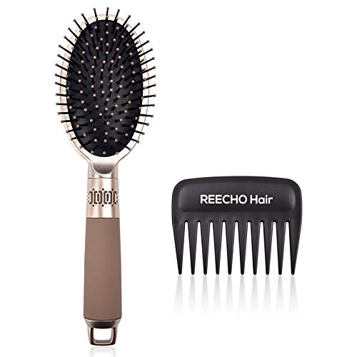 REECHO Paddle Hair Brush Wide Tooth Comb Set, Detangling Comb for Human Hair Synthetic Hair Extensions Wigs Hairpieces, Styling Hairbrush for Long Short Thick Thin Straight Curly Wet Dry Hair Golden